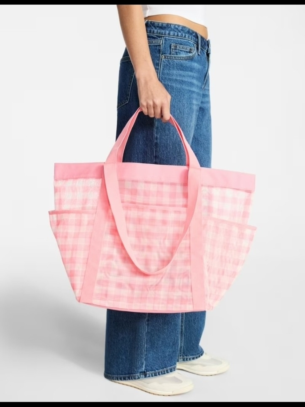 No Boundaries Mesh Tote Bag with Side Pockets in Peach Gingham NWT